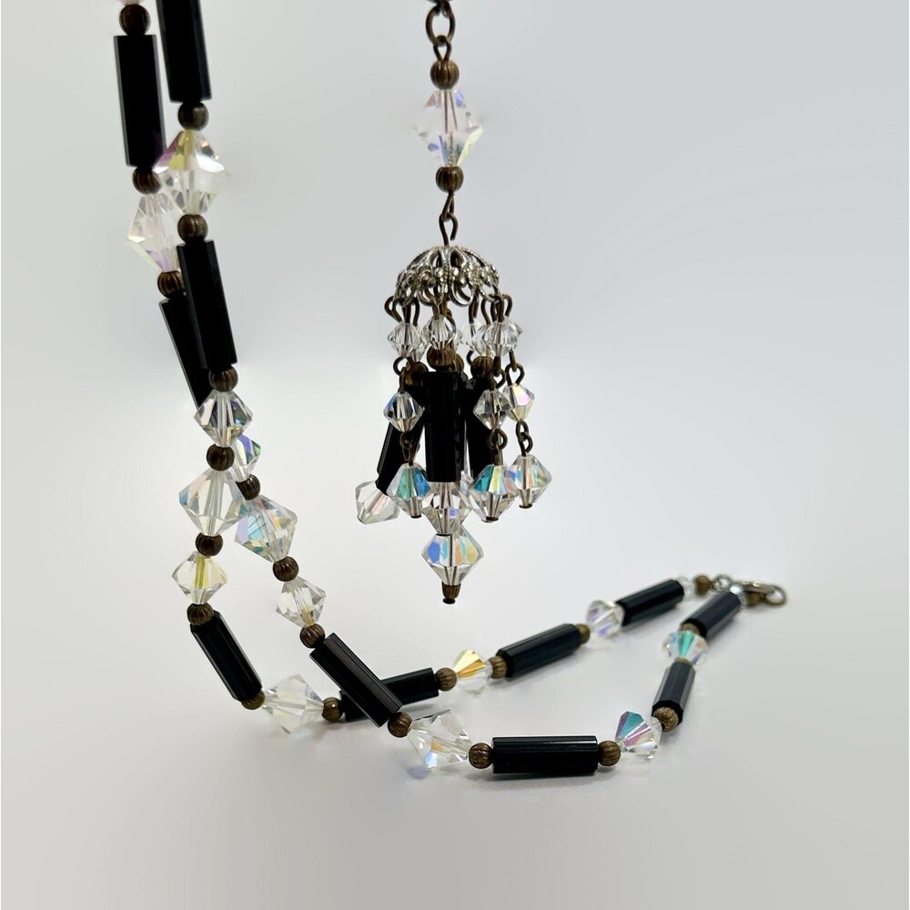 Vintage Art Deco Flapper Necklace: Black Glass & Crystal Tassel, 24"
